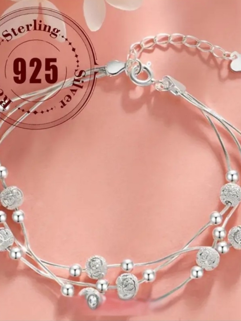 925 Sterling Silver Multi-Strand Beaded Bracelet - Silver